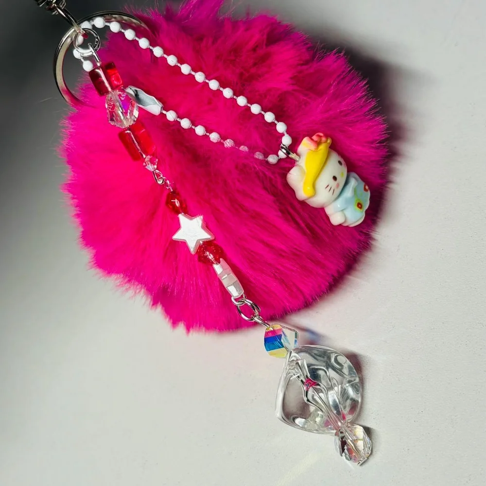 Unique handmade Hello Kitty hot pink poof ball keychain with vintage beads